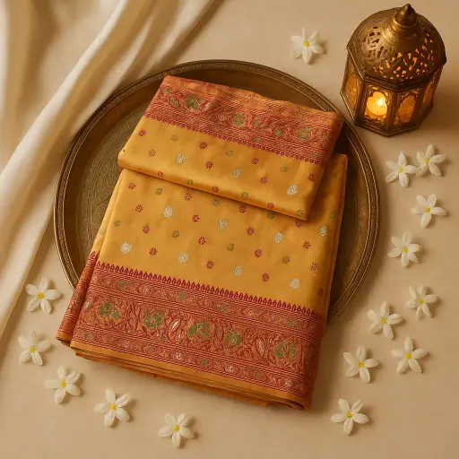 [74909001DB97F3] Exquisite Mustard Yellow Silk Saree with Traditional Zari Border