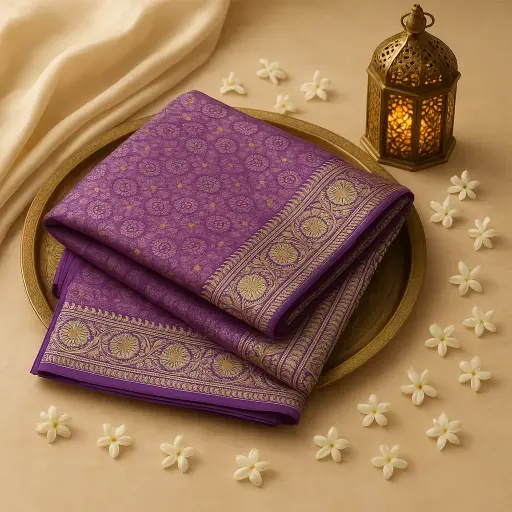 [74909001DB89F3] Royal Purple Silk Saree with Traditional Zari Border