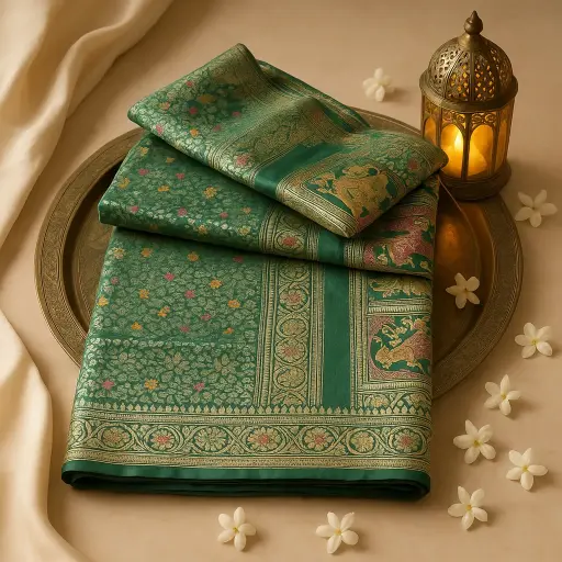 [74909001DB88F3] Emerald Green Traditional Silk Saree with Intricate Zari Weaving