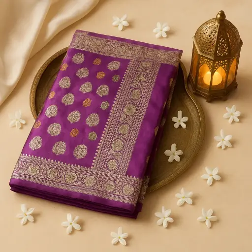 [74909001DB82F3] Exquisite Purple Silk Saree with Traditional Zari Floral Motifs 