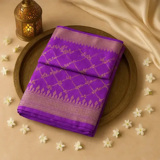 [74909001DC03F3] Exquisite Royal Purple Silk Saree with Traditional Zari Weaving