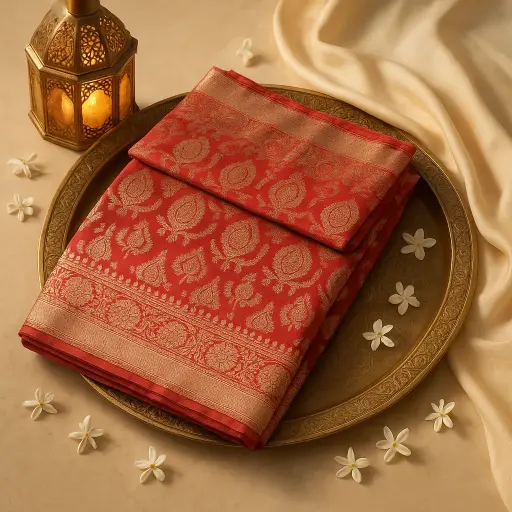 [74909001DB95F3] Exquisite Red Silk Banarasi Saree with Intricate Zari Weave