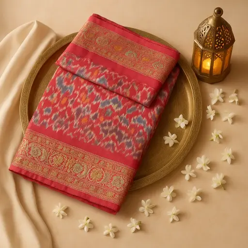 [74909001DC00F3] Exquisite Red Handloom Silk Saree with Traditional Zari Border