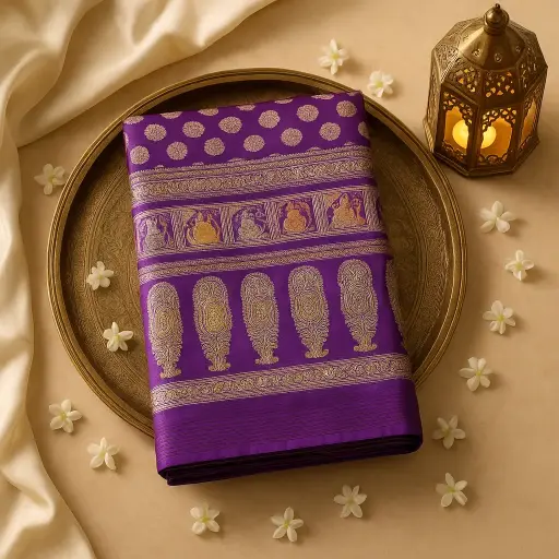 [74909001DB87F3] Royal Purple Silk Banarasi Saree with Traditional Zari Work