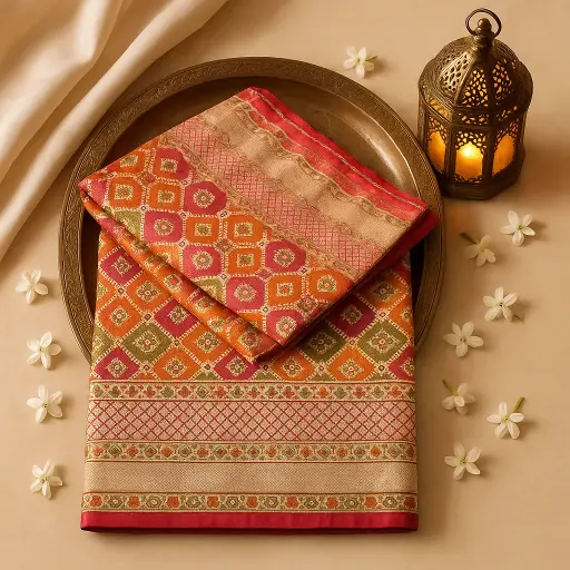 [73809001DC76F3] Exquisite Pink And Orange Silk Designer Festive Saree