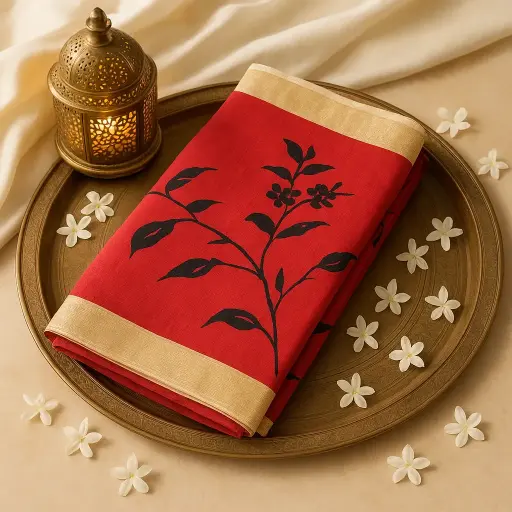 [73809001DC35F3] Red Linen Silk Saree with Black Floral Print and Gold Border