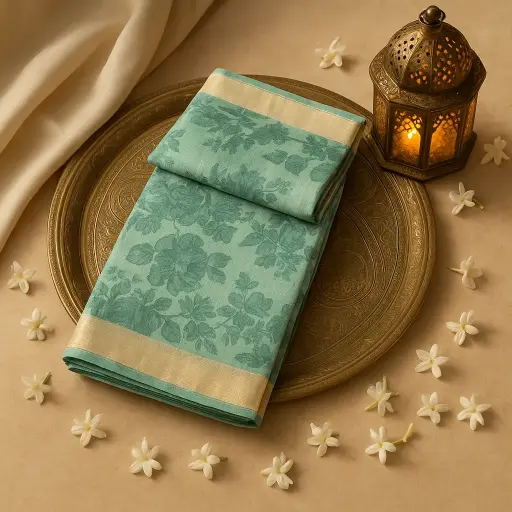 [73809001DC34F3] Elegant Sage Green Floral Print Designer Saree with Zari Border