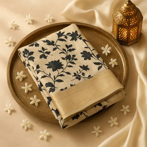 [73809001DC32F3] Elegant Beige and Black Floral Print Linen Saree