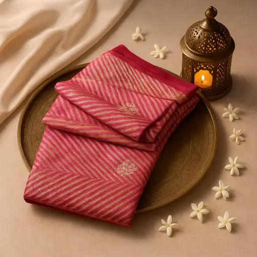 [73809001DC28F3] Elegant Pink Silk Leheriya Saree with Golden Zari Border 