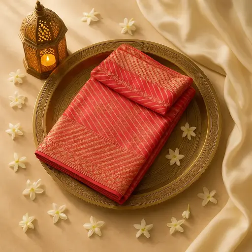 [73809001DC27F3] Elegant Red Silk Saree with Traditional Gold Zari Border 
