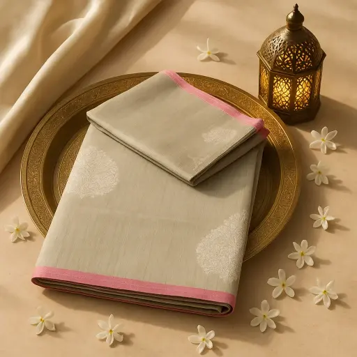 [73809001DC05F3] Elegant Grey Silk Saree with Pink Border and Zari Work
