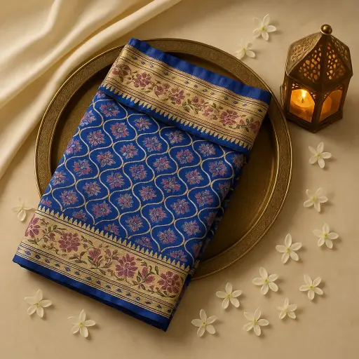 [73809001DC75F3] Royal Blue Silk Saree with Intricate Floral Zari Weave