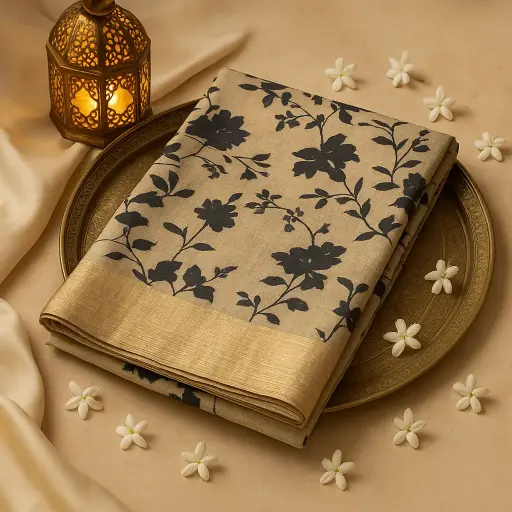 [73809001DC31F3] Elegant Beige and Black Floral Print Zari Border Saree