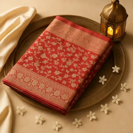 [73809001DC10F3] Exquisite Red Silk Saree with Intricate Silver Zari Work