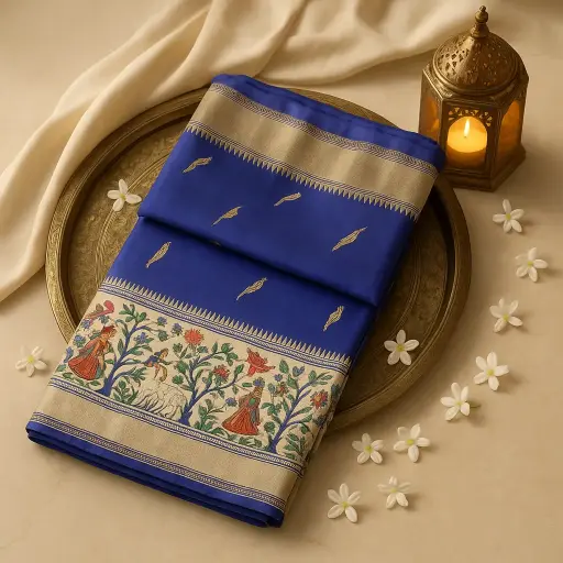 [73809001HI59F3] Royal Blue Silk Saree with Traditional Handcrafted Motif Border