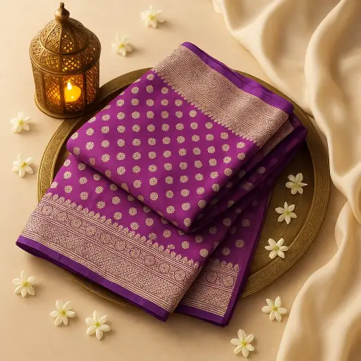 [73809001DC73F3] Exquisite Purple Banarasi Silk Saree with Traditional Zari Border