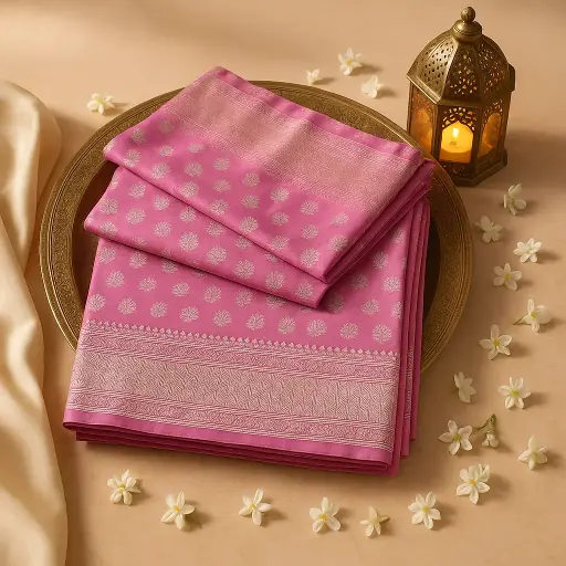 [73809001DC71F3] Exquisite Pink Banarasi Silk Saree with Intricate Zari Weave