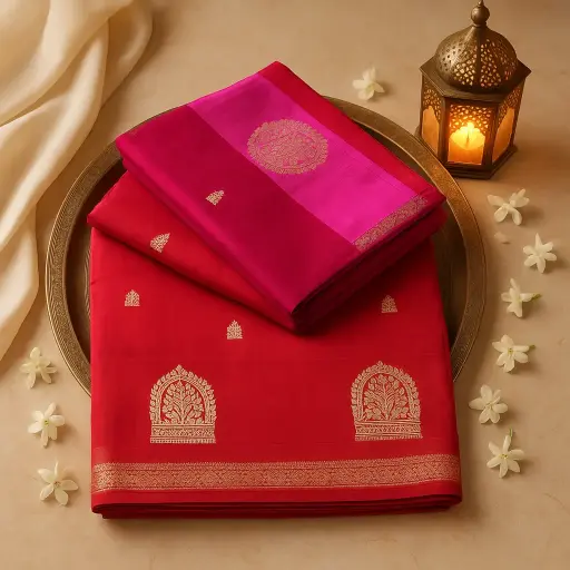 [73809001DC50F3] Elegant Crimson Red Banarasi Silk Saree with Pink Contrast