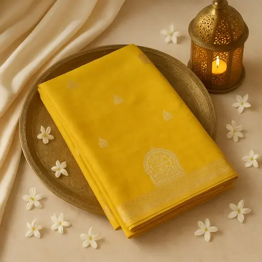 [73809001DC49F3] Radiant Mustard Silk Saree with Intricate Silver Zari Work