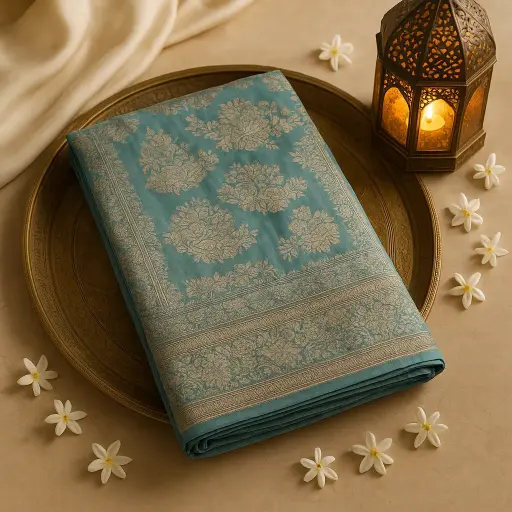 [73809001DC12F3] Elegant Sage Green Floral Zari Silk Designer Saree