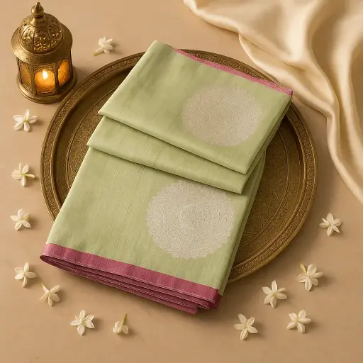 [73809001DC04F3] Elegant Sage Green Silk Saree with Silver Zari Motifs