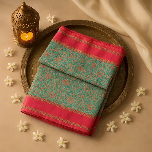 [73809001JT39F3] Exquisite Teal and Magenta Traditional Silk Woven Designer Saree