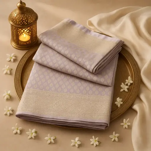 [73809001DC74F3] Elegant Lavender Silk Banarasi Saree with Intricate Gold Zari