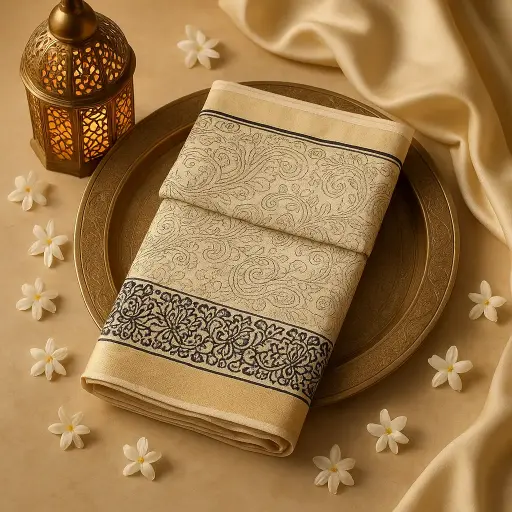 [73809001DC39F3] Cream Tussar Silk Saree with Paisley Prints and Zari