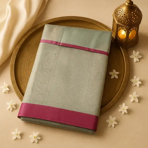 [73809001DC06F3] Elegant Pastel Blue Silk Saree with Traditional Zari Border