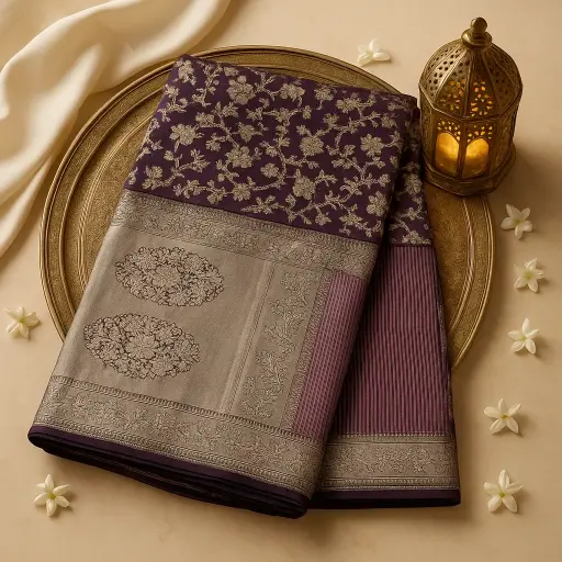 [73809001DC79F3] Elegant Purple Multi-Color Silk Saree with Intricate Zari Weave