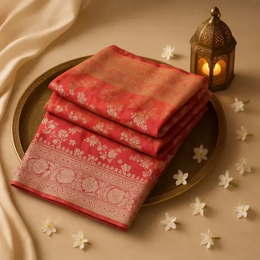 [73809001DC63F3] Exquisite Pink Banarasi Silk Saree with Intricate Zari Border