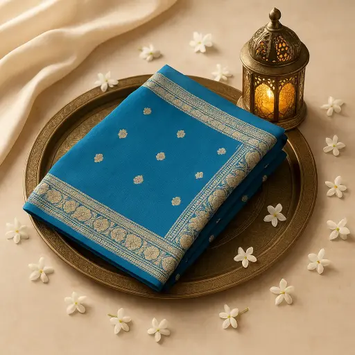 [73809001DC57F3] Elegant Teal Silk Saree with Intricate Gold Zari Border
