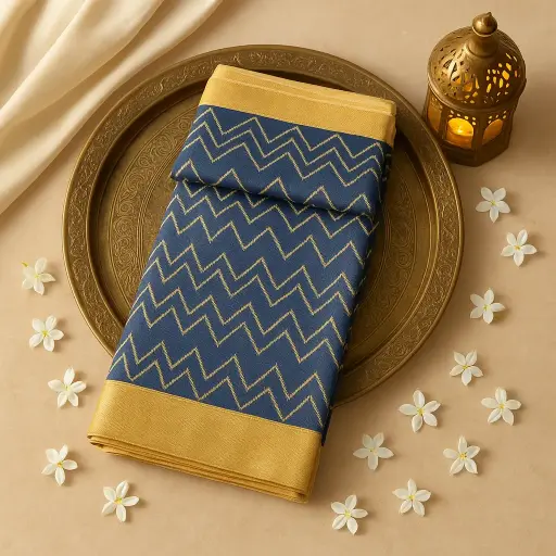 [73809001DC36F3] Elegant Navy Blue Zigzag Pattern Designer Saree with Zari Border