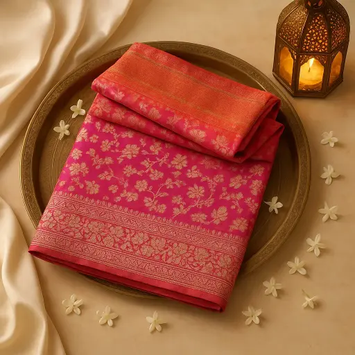 [73809001DC09F3] Exquisite Pink Banarasi Silk Saree With Intricate Silver Zari