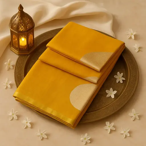 [73809001DC47F3] Mustard Yellow Silk Saree with Gold Zari Circular Motifs 
