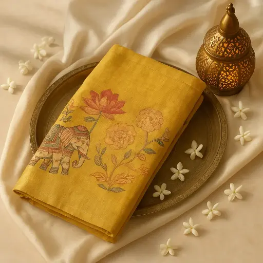 [73809001DC16F3] Mustard Designer Saree with Floral Elephant Print and Zari Border 