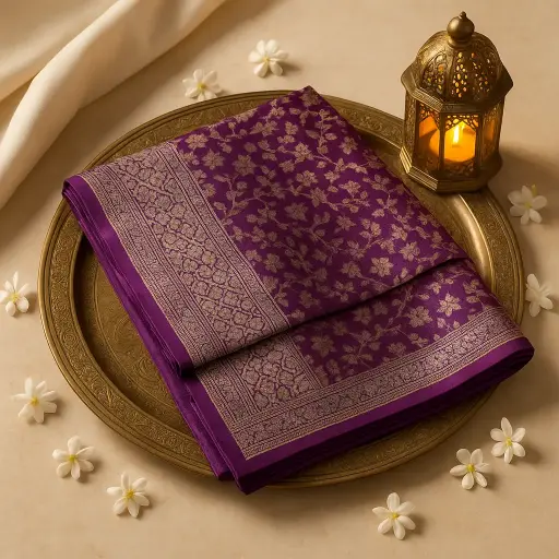 [73809001DC11F3] Exquisite Purple Banarasi Silk Saree with Intricate Zari Weaving