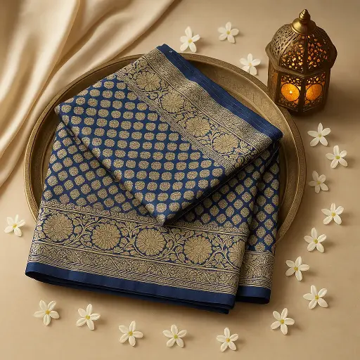 [73809001DC67F3] Elegant Navy Blue Banarasi Silk Saree with Zari Border