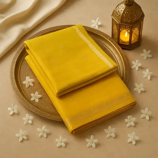 [73809001DC58F3] Elegant Yellow Silk Saree With Delicate Silver Zari Stripes