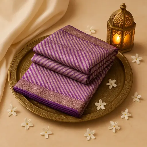 [73809001DC24F3] Purple Leheriya Silk Saree with Banarasi Zari Pallu