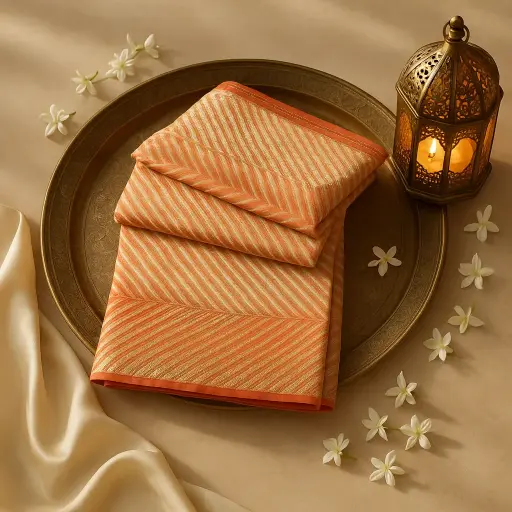 [73809001DC23F3] Elegant Orange Striped Banarasi Silk Saree with Zari Border