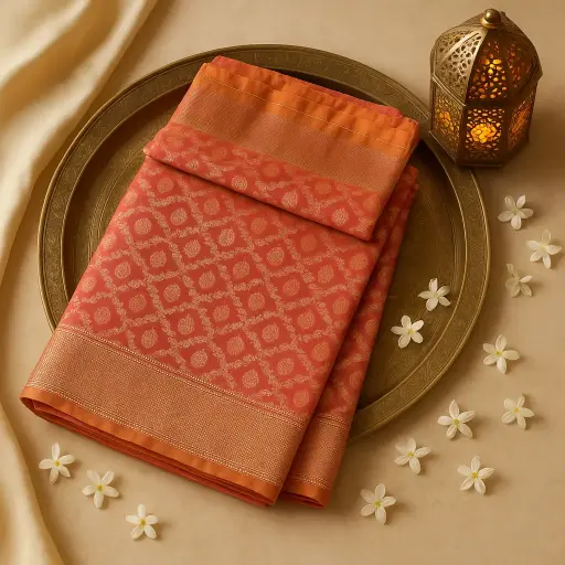 [73809001DC13F3] Exquisite Pink and Orange Banarasi Silk Festive Saree