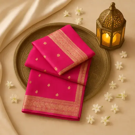 [73809001DC55F3] Magenta Pink Banarasi Silk Saree with Elegant Zari Border
