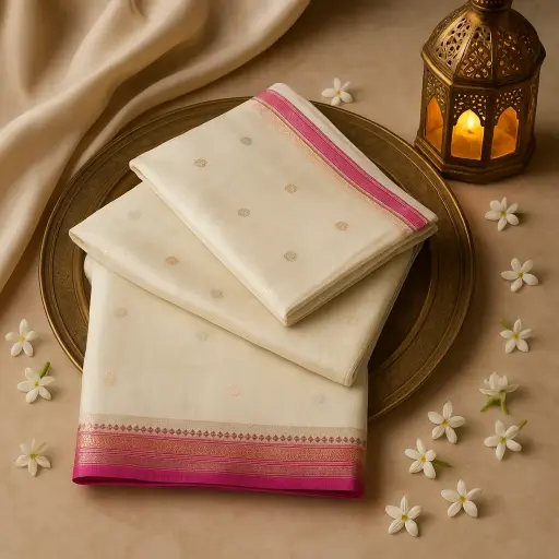 [73809001DC51F3] Elegant Off-White Silk Saree with Vibrant Magenta Zari Border