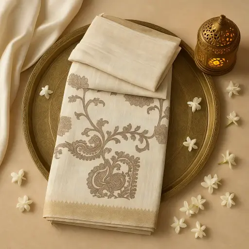 [73809001DC40F3] Elegant Cream Kalamkari Print Saree with Gold Zari Border 