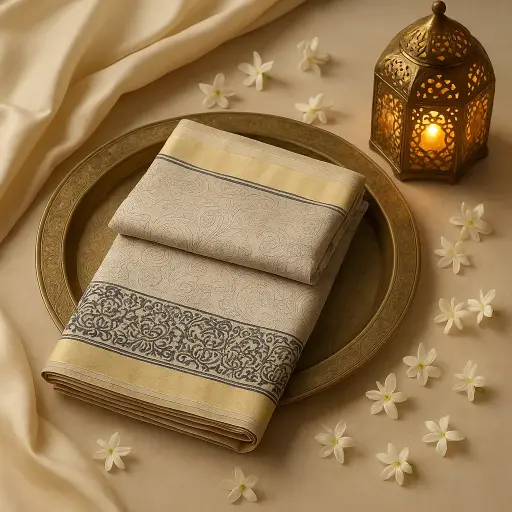 [73809001DC38F3] Elegant Beige Kantha Embroidery Silk Saree with Zari Border 