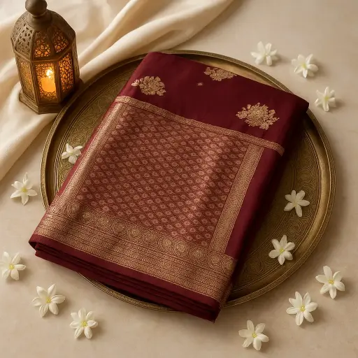 [73809001DC22F3] Elegant Maroon Silk Blend Saree with Traditional Zari Border
