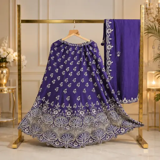 [84818041DC92F3] Women’s Royal Purple Embroidered Lehenga with Dupatta, Silver Sequin Work, Heavy Scalloped Border