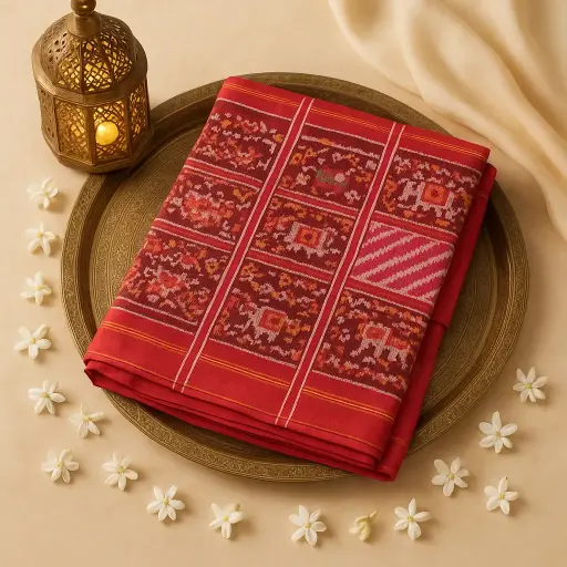 [77609001DC93F3] Exquisite Handwoven Red Ikat Silk Saree with Zari Border