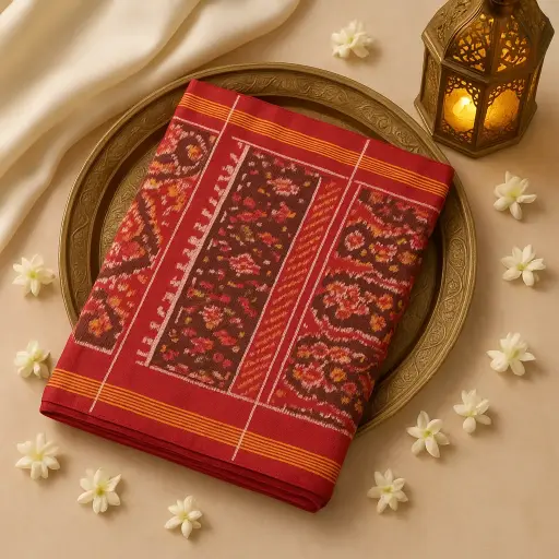 [77609001DC94F3] Exquisite Red Handloom Ikat Silk Saree with Traditional Motifs